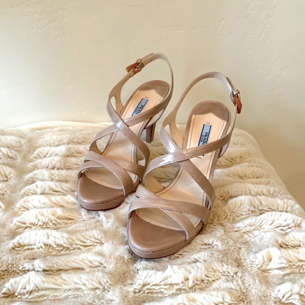 Prada Strappy Sandals. NWOT. Size 38 1/2. Taupe Leather. 4 1/4 Inch Heel